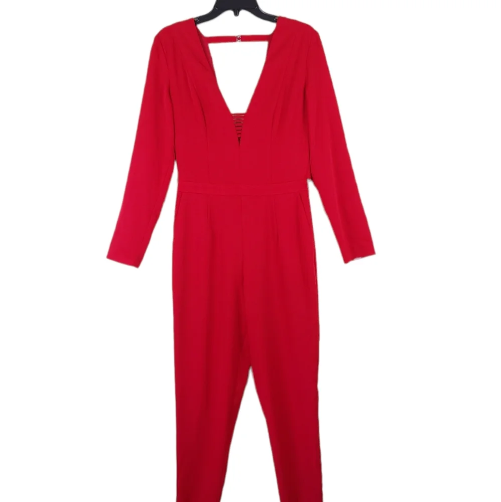 Adelyn Rae Red long sleeves jumpsuit slimly cut open back size small